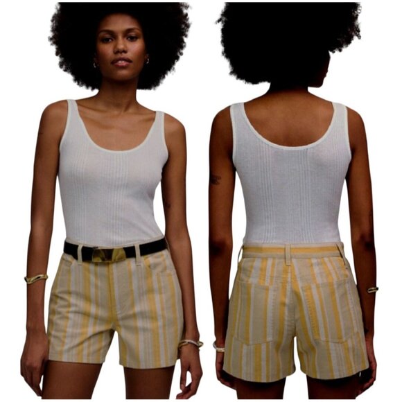 Madewell Pants - Madewell Women's Poplar Yellow Striped Rumpled Cotton Twill Shorts Size 29, NWT